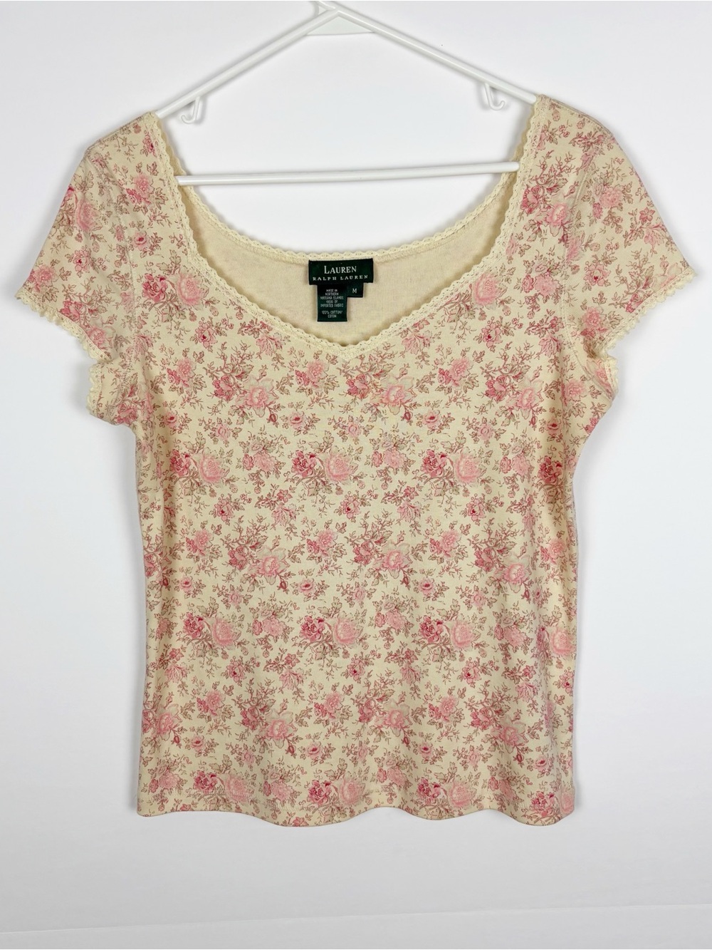 Lauren Ralph Lauren Top Medium Floral Cream Pink Lace Coquette Cottagecore